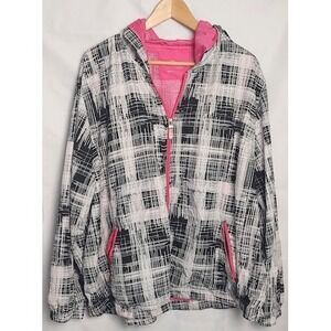 Activology Womens Plus Size 3X Hooded Windbreaker Jacket Abstract Black Pink Zip